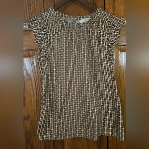 Loft Cap Flutter Sleeve Geometric Brown White Popover Keyhole Button Top Sz M